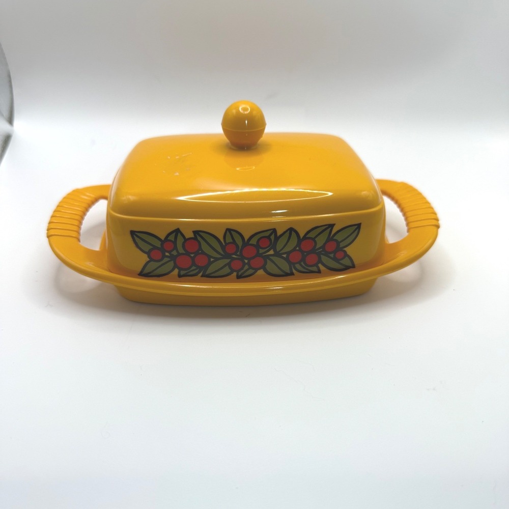 Vintage Emsa W Germany Plastic Butter Dish with Lid and Tray Yellow Floral Berry